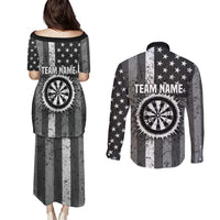 Grunge American Flag Darts Couples Matching Puletasi and Long Sleeve Button Shirt with Dartboard Target and Black White Stars - Wonder Print Shop