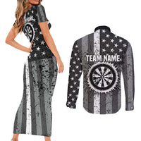Grunge American Flag Darts Couples Matching Short Sleeve Bodycon Dress and Long Sleeve Button Shirt with Dartboard Target and Black White Stars - Wonder Print Shop