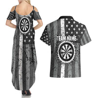 Grunge American Flag Darts Couples Matching Summer Maxi Dress and Hawaiian Shirt with Dartboard Target and Black White Stars - Wonder Print Shop