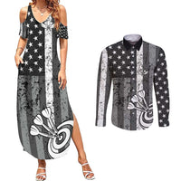 Grunge American Flag Darts Couples Matching Summer Maxi Dress and Long Sleeve Button Shirt with Dartboard Target and Black White Stars - Wonder Print Shop