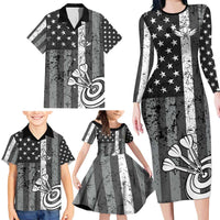 Grunge American Flag Darts Family Matching Long Sleeve Bodycon Dress and Hawaiian Shirt with Dartboard Target and Black White Stars - Wonder Print Shop