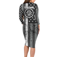 Grunge American Flag Darts Family Matching Long Sleeve Bodycon Dress and Hawaiian Shirt with Dartboard Target and Black White Stars - Wonder Print Shop