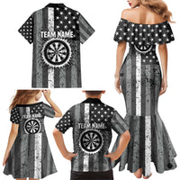 Grunge American Flag Darts Family Matching Mermaid Dress and Hawaiian Shirt with Dartboard Target and Black White Stars - Wonder Print Shop