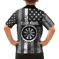 Grunge American Flag Darts Family Matching Off The Shoulder Long Sleeve Dress and Hawaiian Shirt with Dartboard Target and Black White Stars - Wonder Print Shop