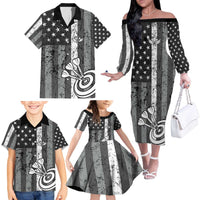 Grunge American Flag Darts Family Matching Off The Shoulder Long Sleeve Dress and Hawaiian Shirt with Dartboard Target and Black White Stars - Wonder Print Shop