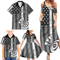 Grunge American Flag Darts Family Matching Summer Maxi Dress and Hawaiian Shirt with Dartboard Target and Black White Stars - Wonder Print Shop