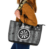 Grunge American Flag Darts Leather Tote Bag with Dartboard Target and Black White Stars - Wonder Print Shop