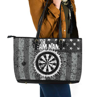 Grunge American Flag Darts Leather Tote Bag with Dartboard Target and Black White Stars - Wonder Print Shop