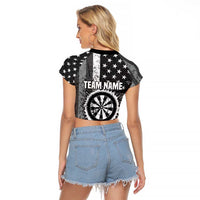 Grunge American Flag Darts Raglan Cropped T Shirt with Dartboard Target and Black White Stars - Wonder Print Shop