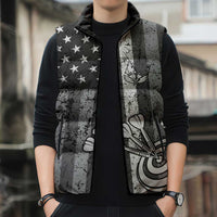 Grunge American Flag Darts Sleeveless Puffer Jacket with Dartboard Target and Black White Stars - Wonder Print Shop