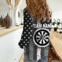 Grunge American Flag Darts Women Casual Shirt with Dartboard Target and Black White Stars - Wonder Print Shop