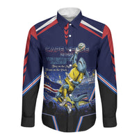 Personalized Cape Verde Blue Sharks Long Sleeve Button Shirt African Pride Dynamic Stadium Soccer Graphic Art