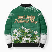 Saudi Arabia National Day Bomber Puffer Jacket White Jasmine Arabic Calligraphy Cultural Pride