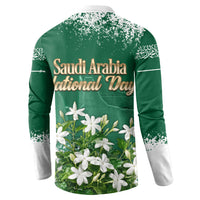 Saudi Arabia National Day Button Sweatshirt White Jasmine Arabic Calligraphy Cultural Pride