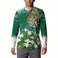 Saudi Arabia National Day Button Sweatshirt White Jasmine Arabic Calligraphy Cultural Pride