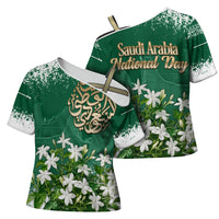 Saudi Arabia National Day Cross Shoulder Shirt White Jasmine Arabic Calligraphy Cultural Pride