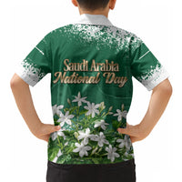 Saudi Arabia National Day Hawaiian Shirt White Jasmine Arabic Calligraphy Cultural Pride