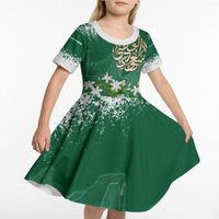 Saudi Arabia National Day Kid Short Sleeve Dress White Jasmine Arabic Calligraphy Cultural Pride