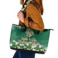Saudi Arabia National Day Leather Tote Bag White Jasmine Arabic Calligraphy Cultural Pride