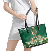 Saudi Arabia National Day Leather Tote Bag White Jasmine Arabic Calligraphy Cultural Pride