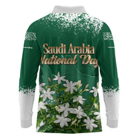 Saudi Arabia National Day Long Sleeve Polo Shirt White Jasmine Arabic Calligraphy Cultural Pride