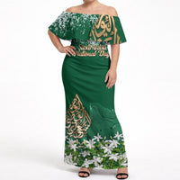 Saudi Arabia National Day Off Shoulder Maxi Dress White Jasmine Arabic Calligraphy Cultural Pride