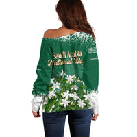 Saudi Arabia National Day Off Shoulder Sweater White Jasmine Arabic Calligraphy Cultural Pride