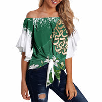 Saudi Arabia National Day Off Shoulder Wrap Waist Top White Jasmine Arabic Calligraphy Cultural Pride