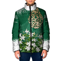 Saudi Arabia National Day Padded Jacket White Jasmine Arabic Calligraphy Cultural Pride
