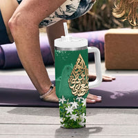 Saudi Arabia National Day Tumbler With Handle White Jasmine Arabic Calligraphy Cultural Pride