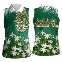 Saudi Arabia National Day Women Sleeveless Polo Shirt White Jasmine Arabic Calligraphy Cultural Pride