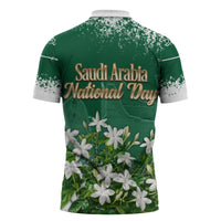 Saudi Arabia National Day Zipper Polo Shirt White Jasmine Arabic Calligraphy Cultural Pride