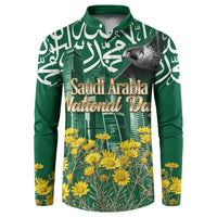 Saudi Arabia National Day Button Sweatshirt Falcon Skyline Arabic Calligraphy Cultural Pride