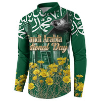 Saudi Arabia National Day Button Sweatshirt Falcon Skyline Arabic Calligraphy Cultural Pride