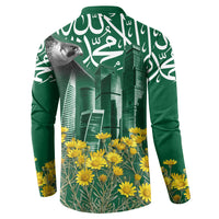 Saudi Arabia National Day Button Sweatshirt Falcon Skyline Arabic Calligraphy Cultural Pride