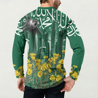 Saudi Arabia National Day Button Sweatshirt Falcon Skyline Arabic Calligraphy Cultural Pride