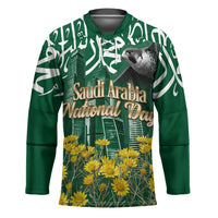 Saudi Arabia National Day Hockey Jersey Falcon Skyline Arabic Calligraphy Cultural Pride