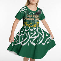 Saudi Arabia National Day Kid Short Sleeve Dress Falcon Skyline Arabic Calligraphy Cultural Pride