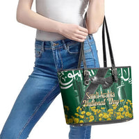 Saudi Arabia National Day Leather Tote Bag Falcon Skyline Arabic Calligraphy Cultural Pride