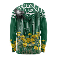 Saudi Arabia National Day Long Sleeve Shirt Falcon Skyline Arabic Calligraphy Cultural Pride