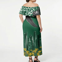 Saudi Arabia National Day Off Shoulder Maxi Dress Falcon Skyline Arabic Calligraphy Cultural Pride