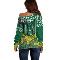 Saudi Arabia National Day Off Shoulder Sweater Falcon Skyline Arabic Calligraphy Cultural Pride