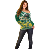 Saudi Arabia National Day Off Shoulder Sweater Falcon Skyline Arabic Calligraphy Cultural Pride