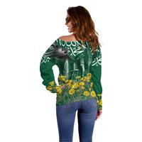 Saudi Arabia National Day Off Shoulder Sweater Falcon Skyline Arabic Calligraphy Cultural Pride