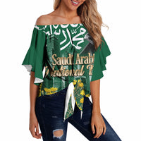 Saudi Arabia National Day Off Shoulder Wrap Waist Top Falcon Skyline Arabic Calligraphy Cultural Pride