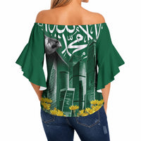 Saudi Arabia National Day Off Shoulder Wrap Waist Top Falcon Skyline Arabic Calligraphy Cultural Pride