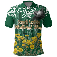 Saudi Arabia National Day Polo Shirt Falcon Skyline Arabic Calligraphy Cultural Pride