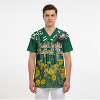 Saudi Arabia National Day Scrub Top Falcon Skyline Arabic Calligraphy Cultural Pride