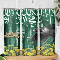 Saudi Arabia National Day Skinny Tumbler Falcon Skyline Arabic Calligraphy Cultural Pride