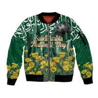 Saudi Arabia National Day Sleeve Zip Bomber Jacket Falcon Skyline Arabic Calligraphy Cultural Pride